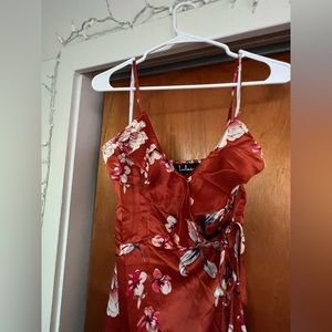 Lulus satin, rust colored floral Tie Waist Maxi dress